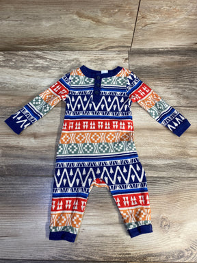 Flat lay of Old Navy thermal coverall 3-6M showing multicolor geometric pattern, henley buttons, navy cuffs