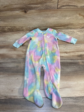 Pastel tie-dye baby footed sleeper with front zipper on wood floor