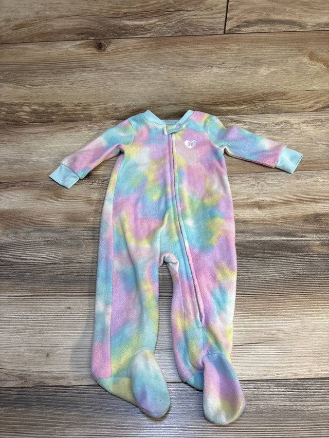 Pastel tie-dye baby footed sleeper with front zipper on wood floor