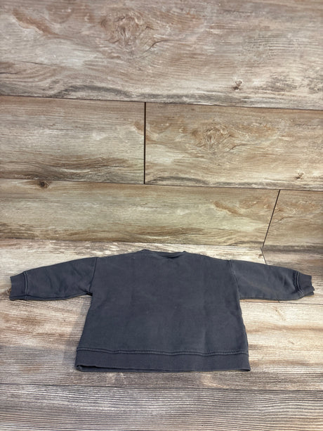 Back view of Zara Explore Now grey sweatshirt for ages 3 to 6 months, showcasing ribbed cuffs and hem on a wood surface