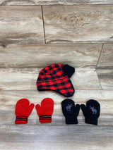 NEW Simple Joys Buffalo Plaid Trapper Hat and Mitten Set Red/Black sz 2-5T