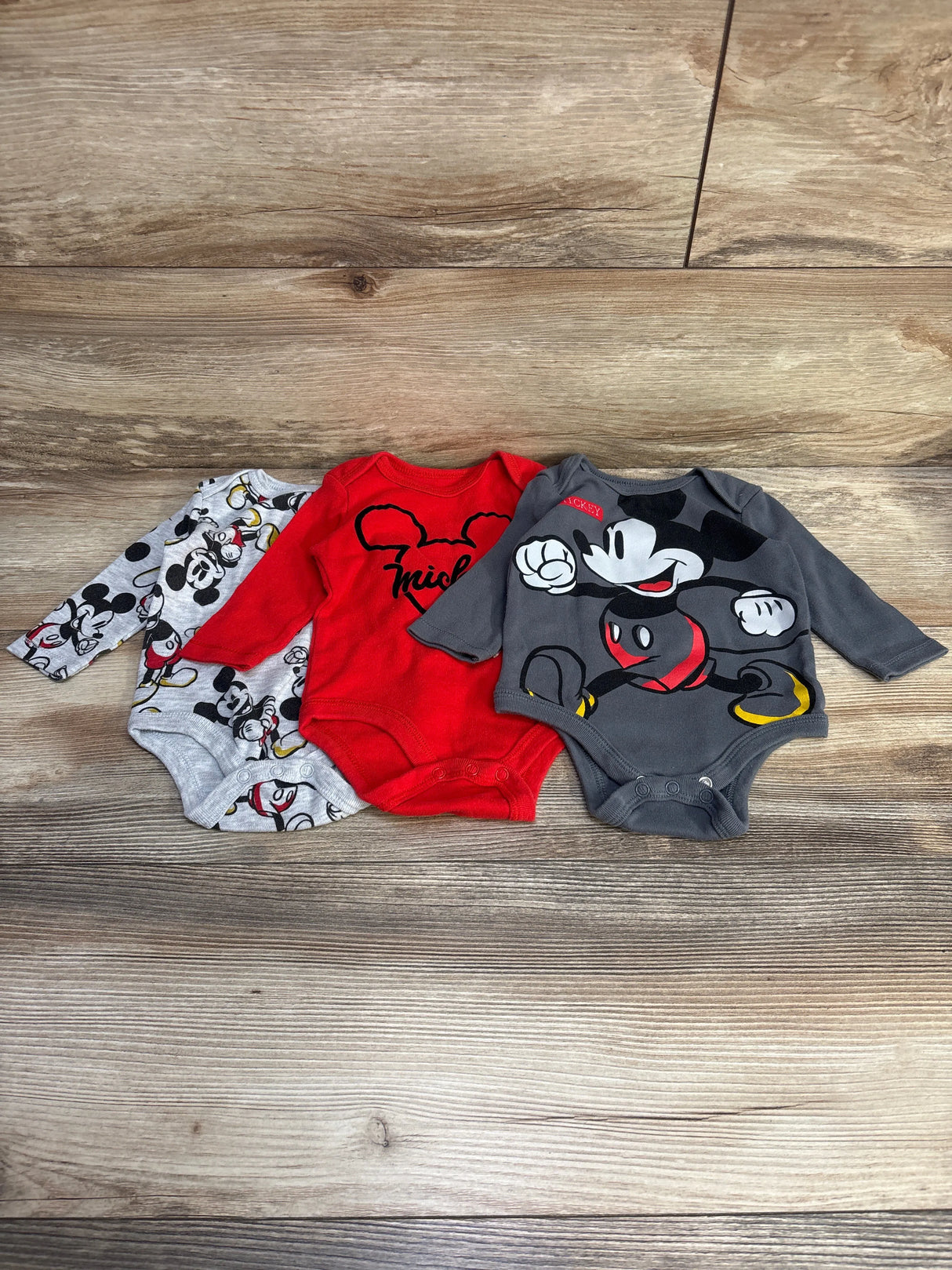 Disney Baby 3pk Long Sleeve Mickey Mouse Bodysuits Grey sz 3-6m