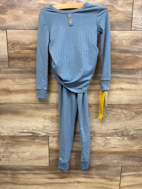 Front view of Cloud Island blue pointelle pajama set henley long sleeve top with two buttons and snug pants on wood