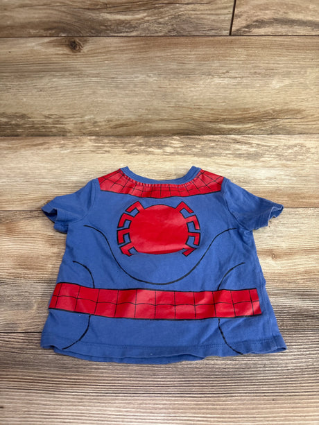 Blue Old Navy x Marvel Spider-Man shirt for babies size 12-18m on a wooden background.