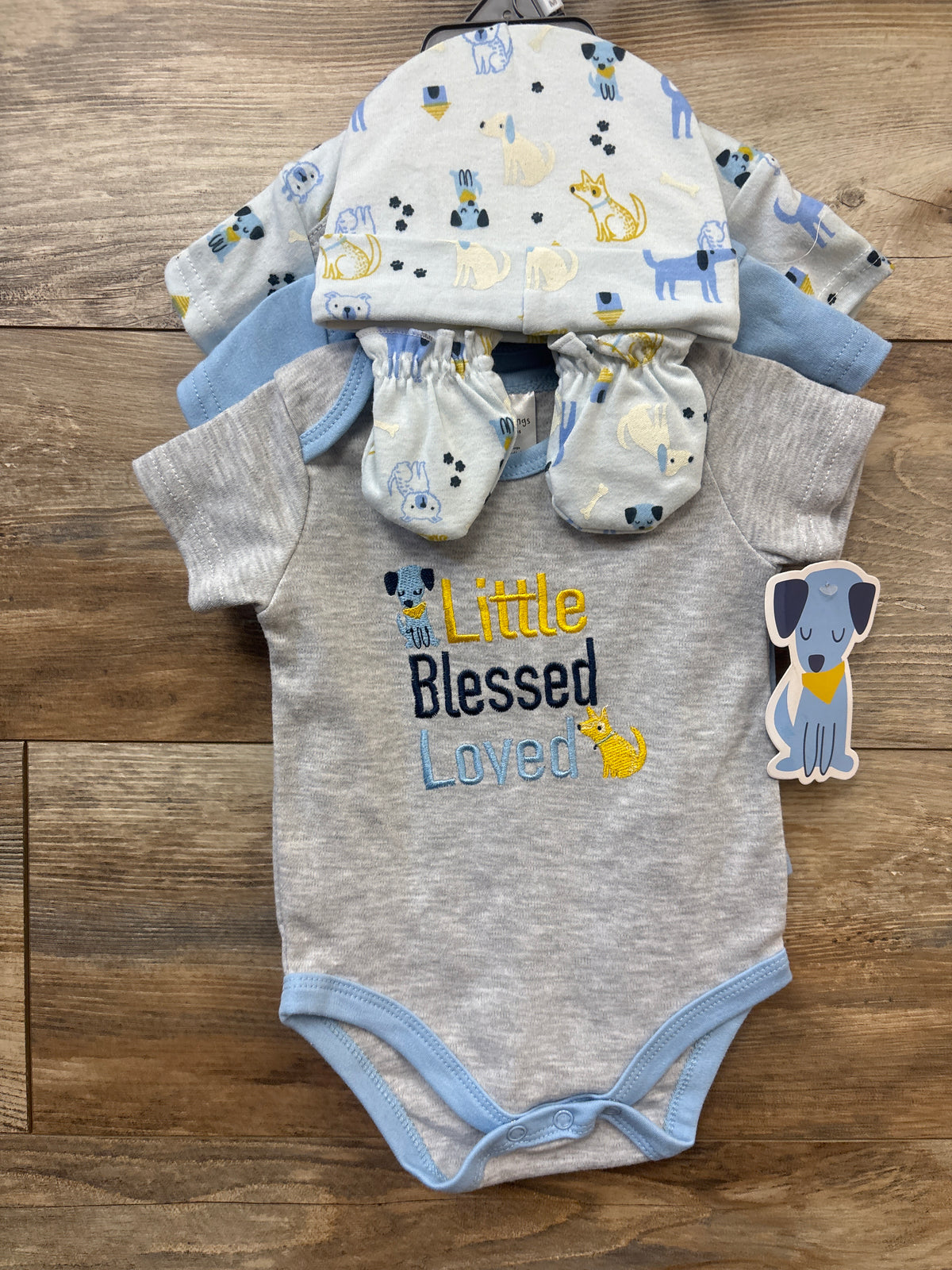 NEW Little Beginnings 5pc Bodysuits, Hat, & Mittens Set Blue sz 3-6m
