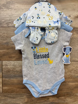 NEW Little Beginnings 5pc Bodysuits, Hat, & Mittens Set Blue sz 3-6m