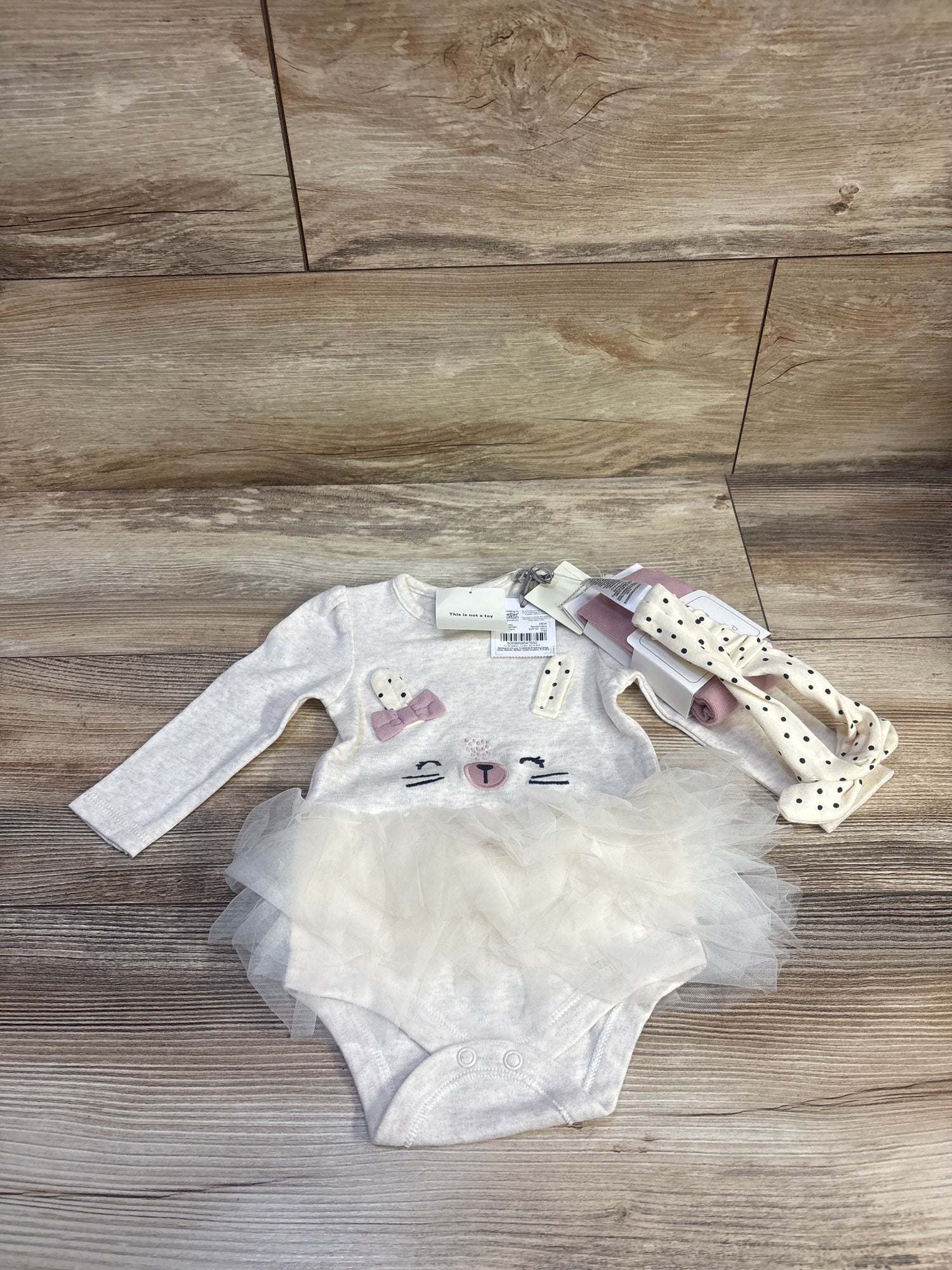 NEW Baby Tu 3pc Bodysuit Dress, Tights, & Headband Set Beige sz 3-6m