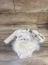 NEW Baby Tu 3pc Bodysuit Dress, Tights, & Headband Set Beige sz 3-6m