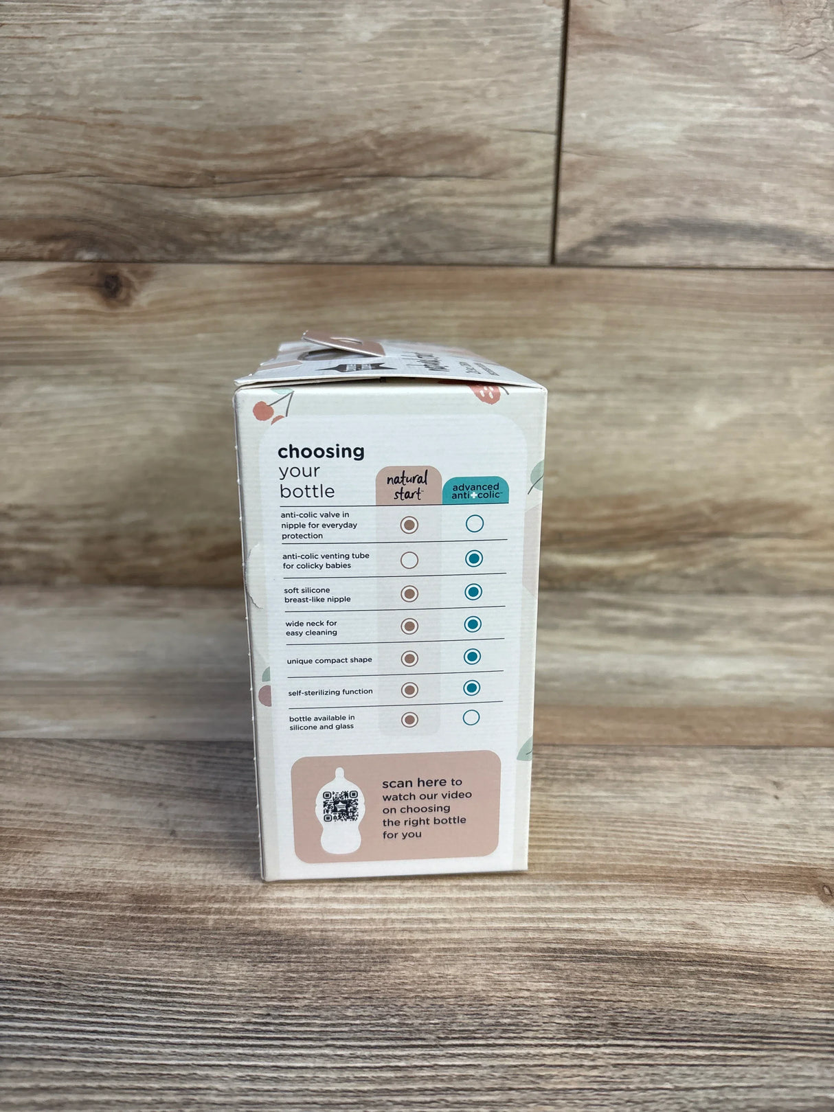 Side view of NEW Tommee Tippee Natural Start Slow Flow Baby Bottles 2pk Pink 9oz 0m original box showing bottle comparison chart on wood plank background