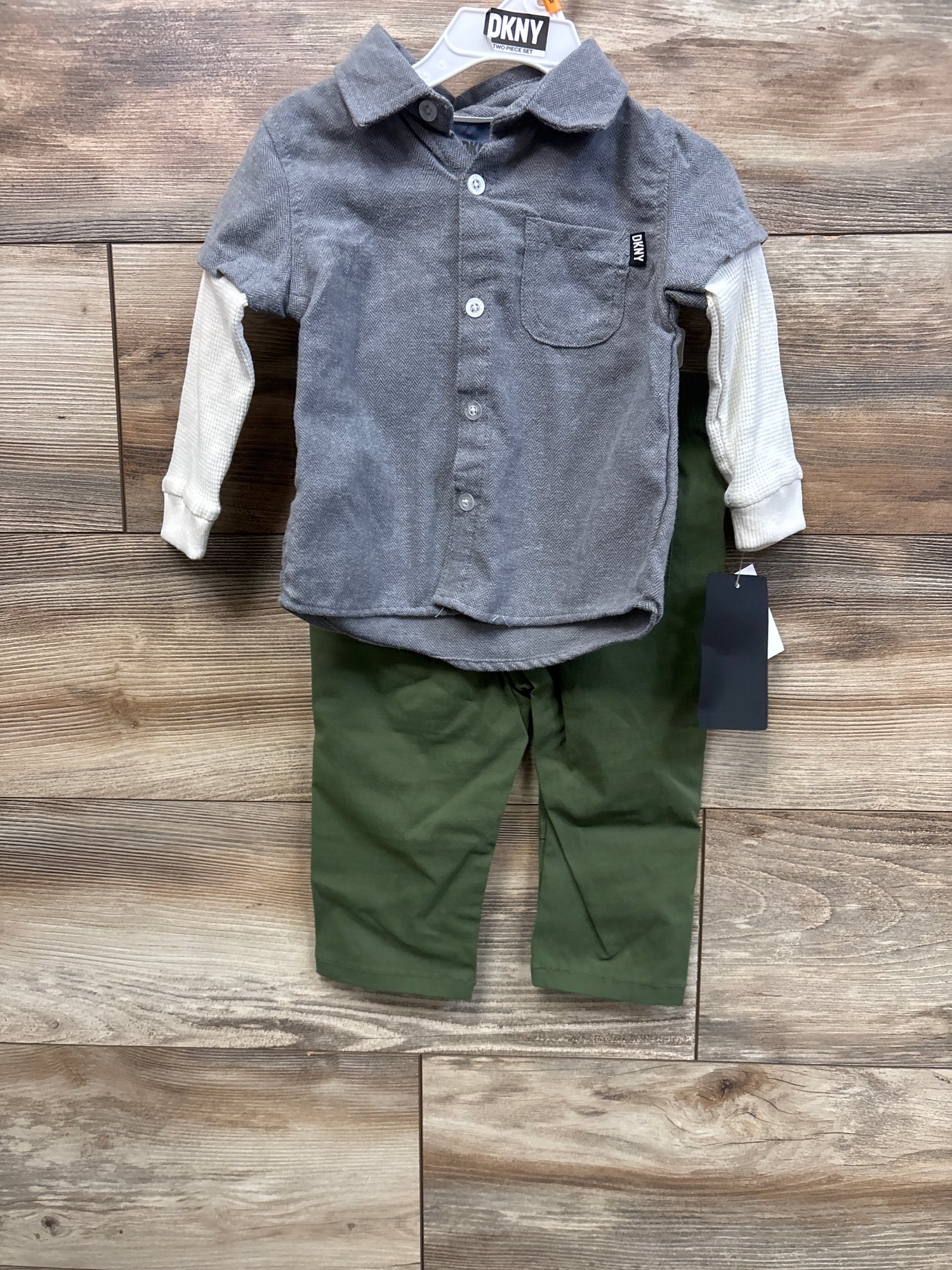 NEW DKNY 2pc Layered Sleeve Button-Up Shirt & Pants Set Grey sz 12m