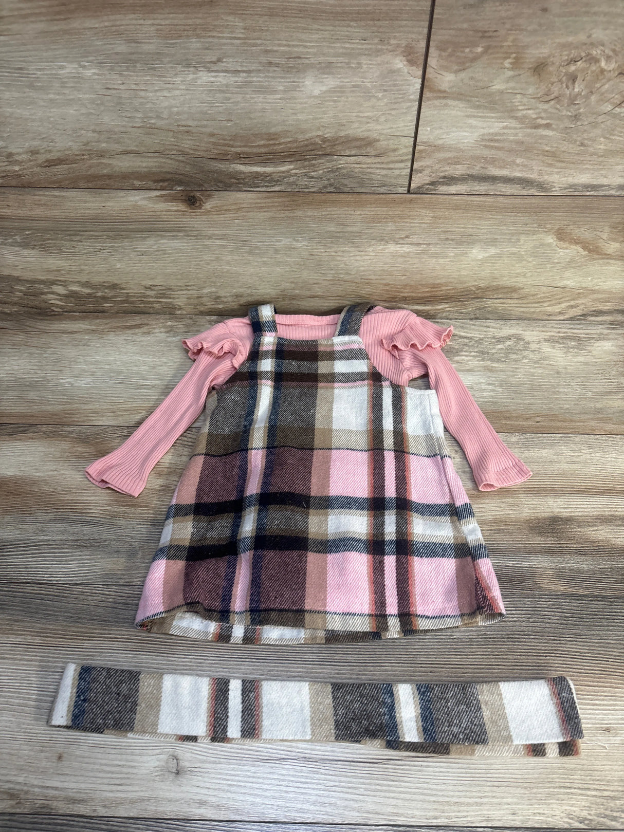 3pc Ribbed Bodysuit & Plaid Skirtall Set Pink sz 12-18m