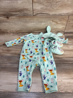 Aqua baby sleeper with cartoon deer and skunk print, matching hat and booties on wood floor