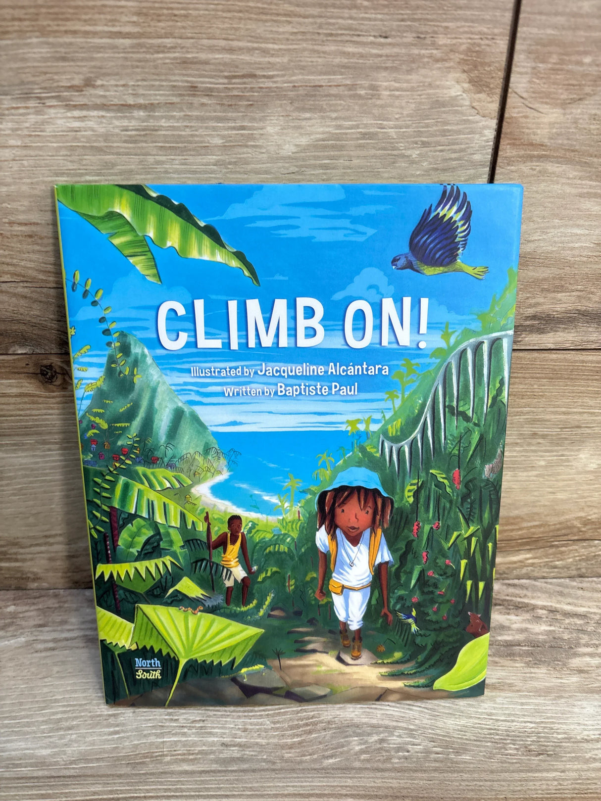 Climb On! children’s book with jungle adventure cover, two kids hiking tropical trail