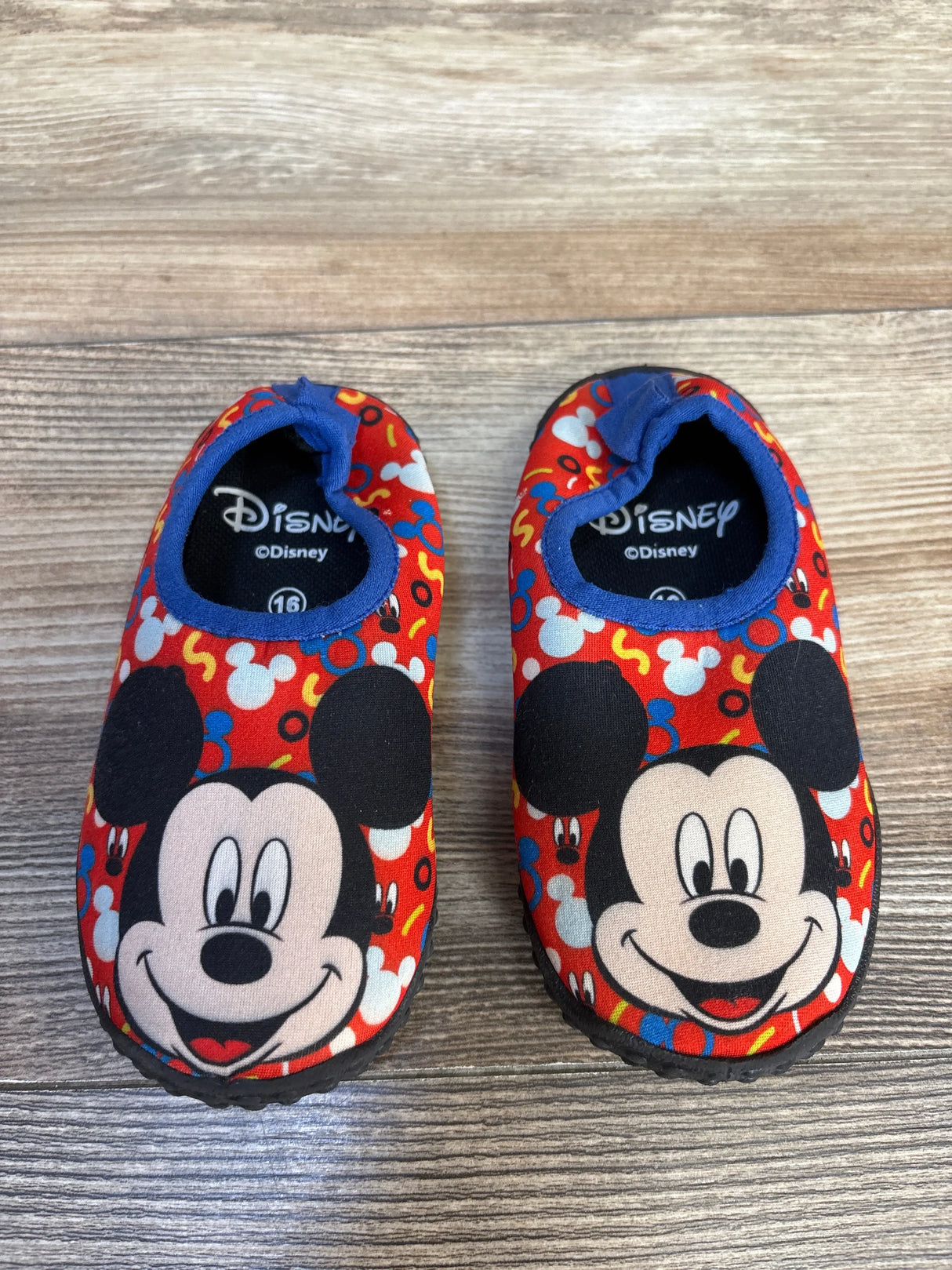 Disney Mickey Mouse toddler shoes with colorful patterns and blue trim