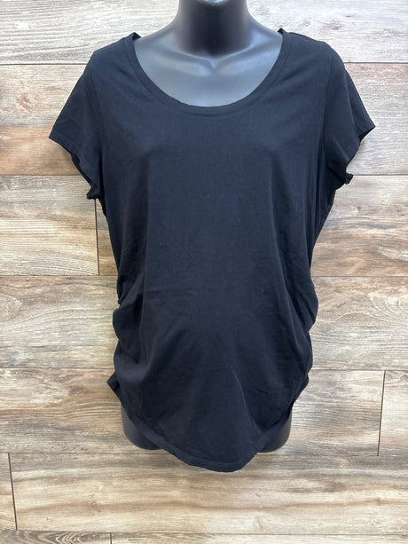Front view of Old Navy black maternity fitted shirt, size XL, showcasing short sleeves and scoop neckline with wood-look floor background