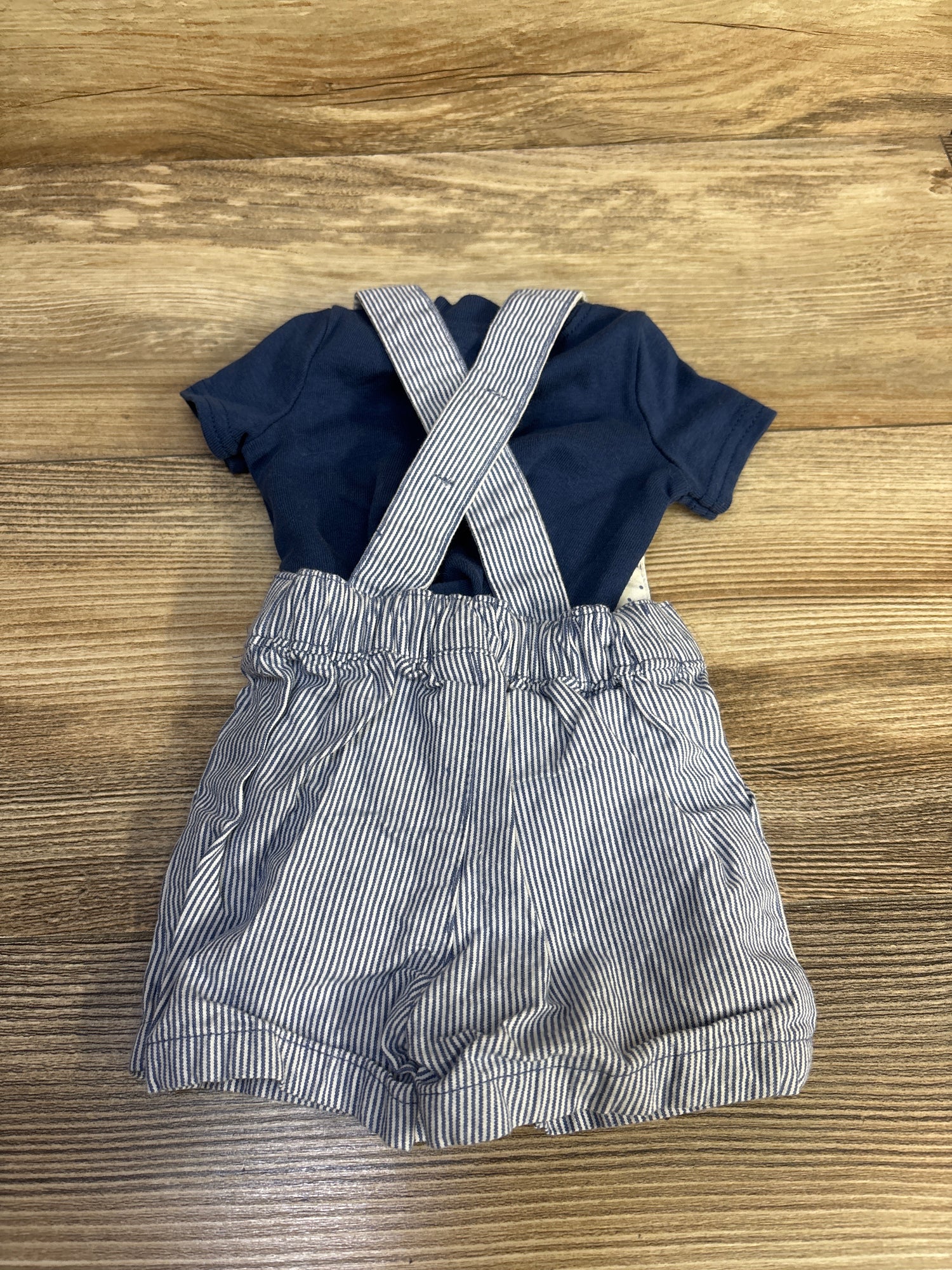 Just One You 2pc Henley Shirt & Striped Suspender Shorts Blue sz Newborn