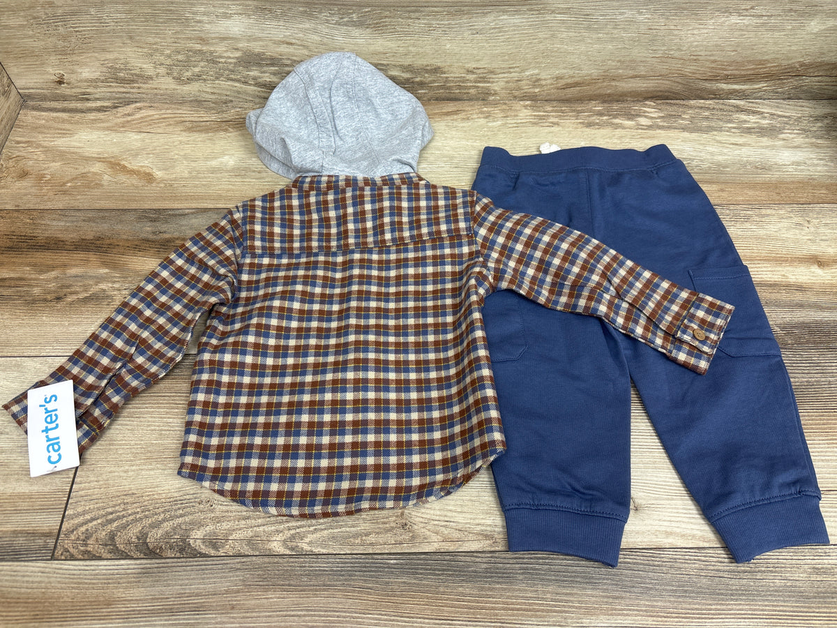 NEW Carter's 2pc Hooded Button-Up Flannel Shirt & Pants Set Brown sz 24m