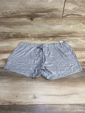Front view of grey Gap Body maternity modal shorts with elastic drawstring waistband laid flat on wood background
