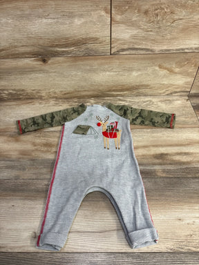 Gray baby onesie with reindeer and tent design, camouflage sleeves, red trim, festive holiday outfit