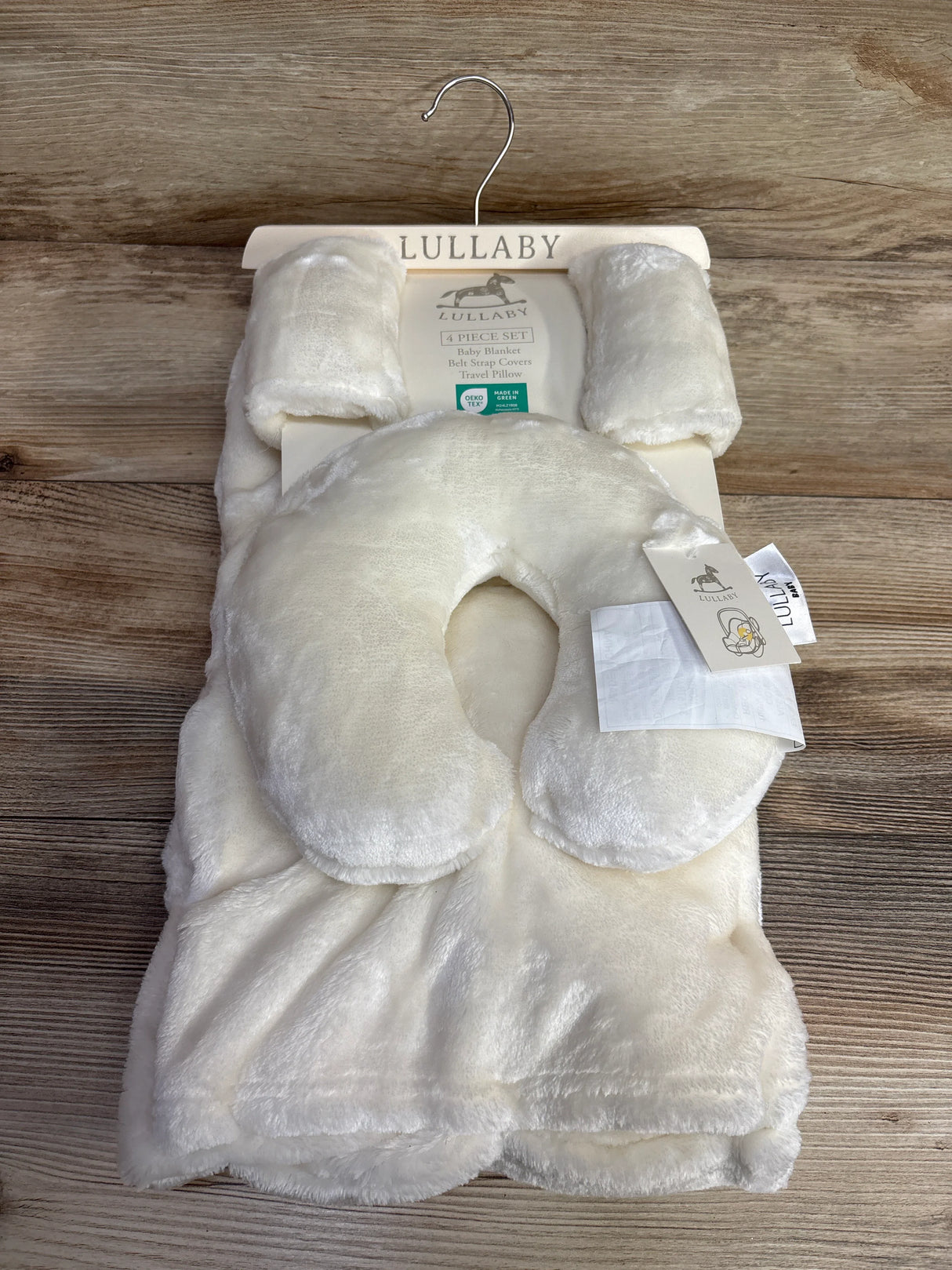 NEW Lullaby Baby 4pc Set - Blanket, Strap Covers, Travel Pillow - Beige