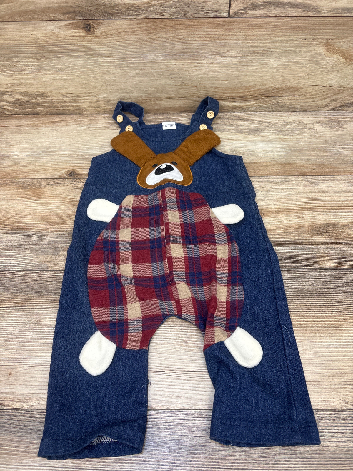 ODASIRA Plaid Puppy Dog Denim Overalls Blue sz 12-18m