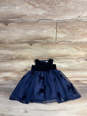 Navy blue sleeveless baby dress with velvet reindeer pattern on tulle skirt
