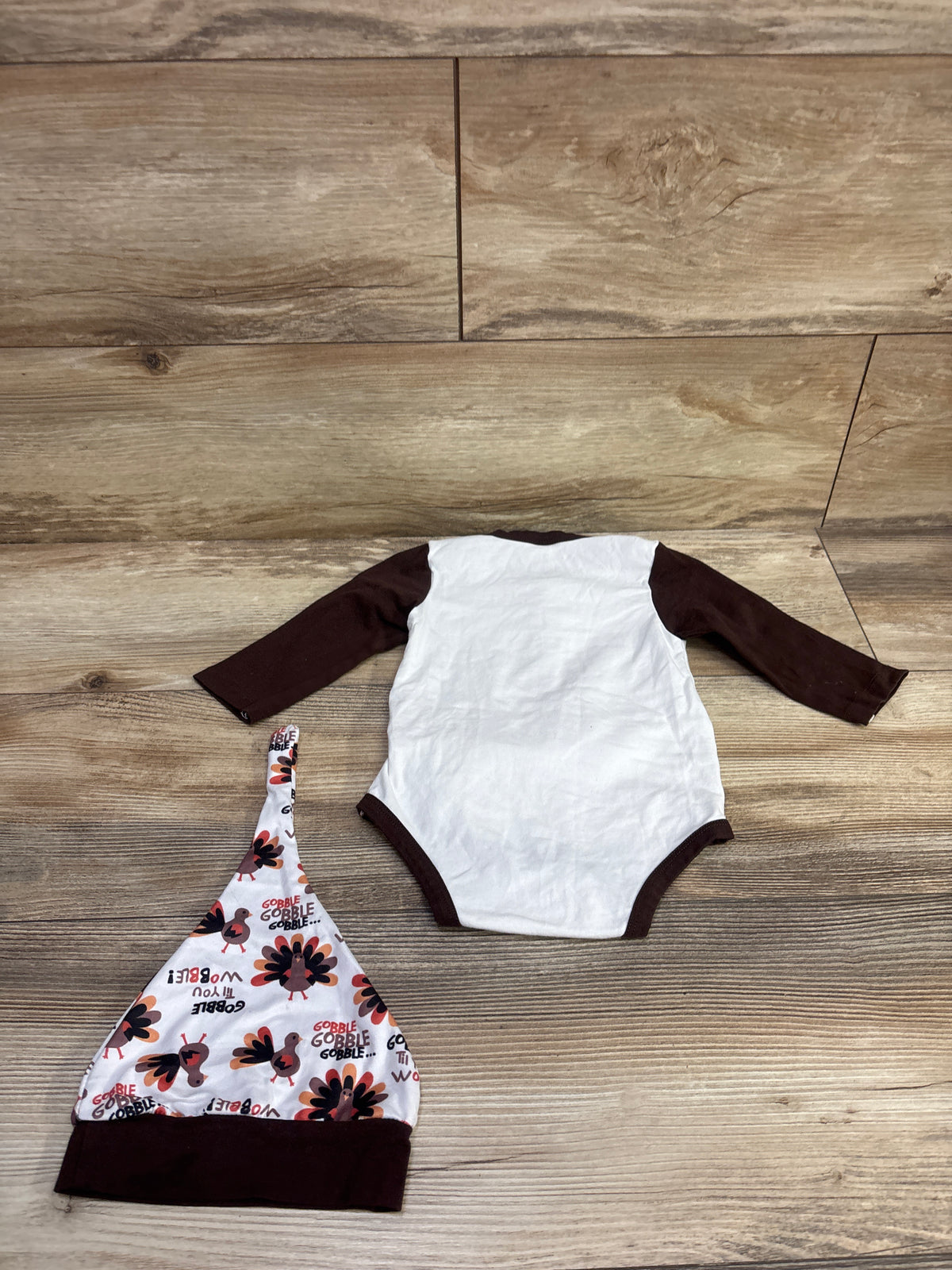 Thanksgiving 2pc Faux Suspender Bodysuit w/ Attached Tie & Hat Set Brown sz 6-12m