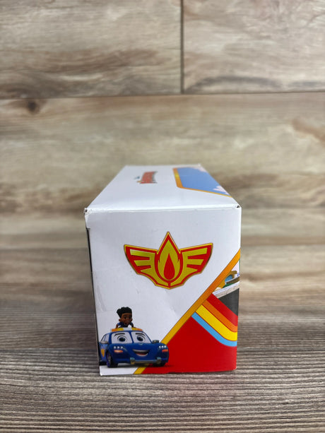 Kids toy packaging with animated blue car and child character on white background