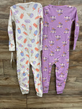 Two kids' long sleeve pajamas, one with ice cream print, one with purple ice cream truck print