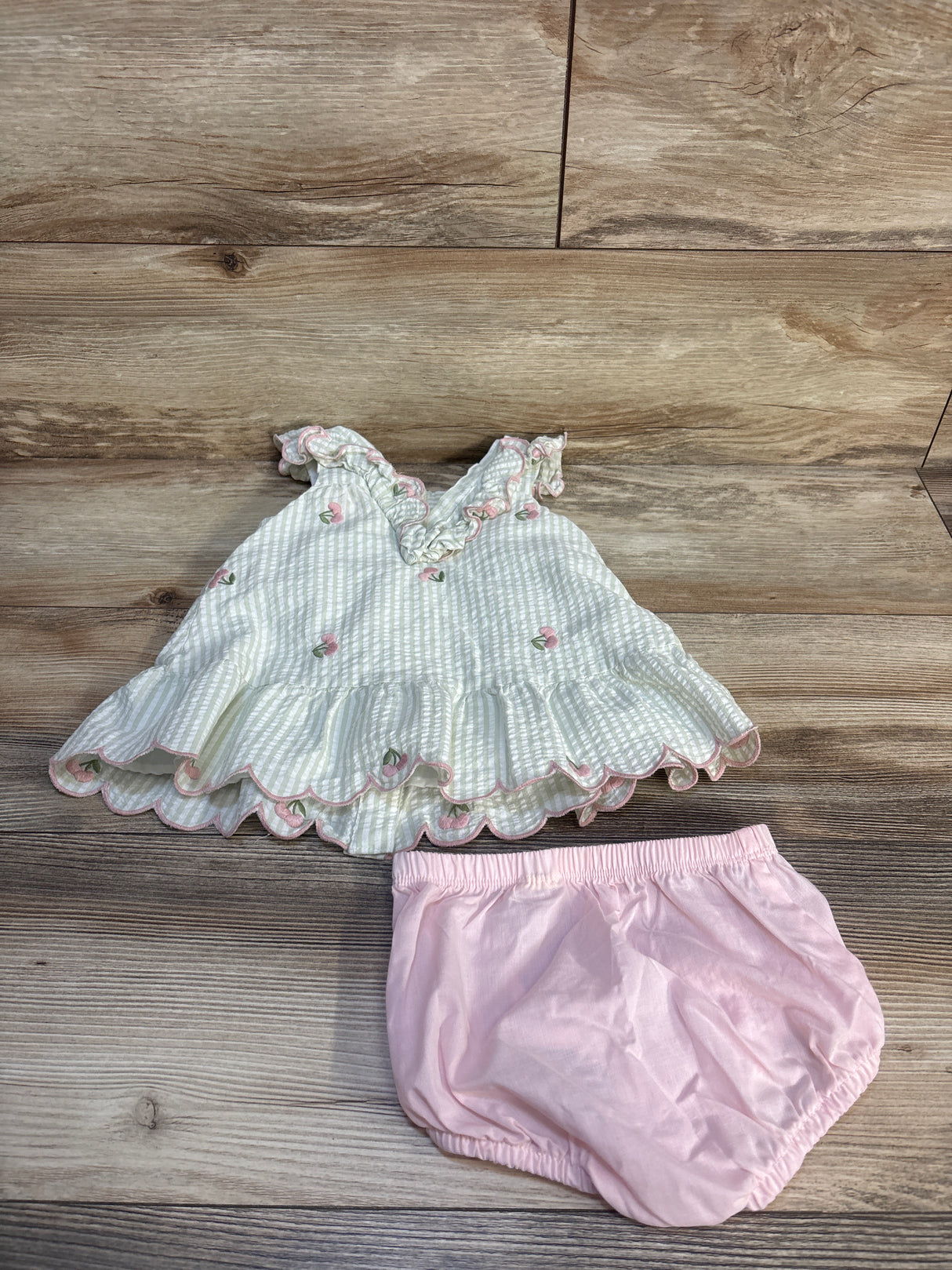 Happily Grey Kids 2pc Cherry Seersucker Dress & Bloomers Set Honey Dew sz 18m