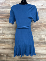 Blue maternity dress with short sleeves, ribbed knit, and pleated skirt for expectant moms
