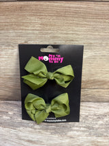 Front view of two olive green grosgrain ribbon hair bows on black branded display card with wood-texture background