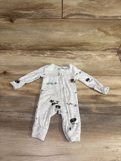 Carter's grey preemie footless sleeper with cute car and dog prints on a wooden background