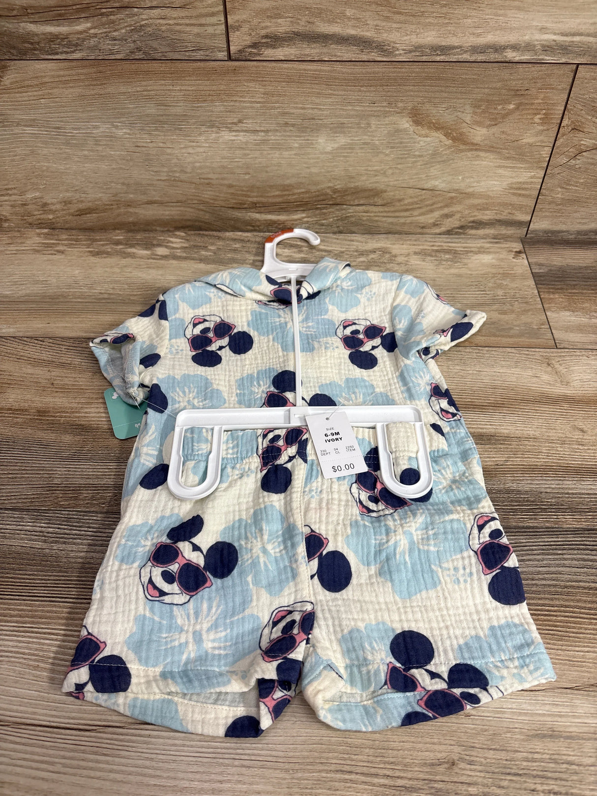 NEW Disney Baby 2pc Mickey Mouse Gauze Button Up & Shorts Set Ivory sz 6-9m
