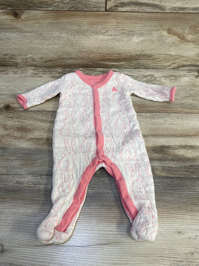 Flat lay of Baby Gap footed sleeper showing all over pink bunny outline print, snap front closure and pink trim on wood background
