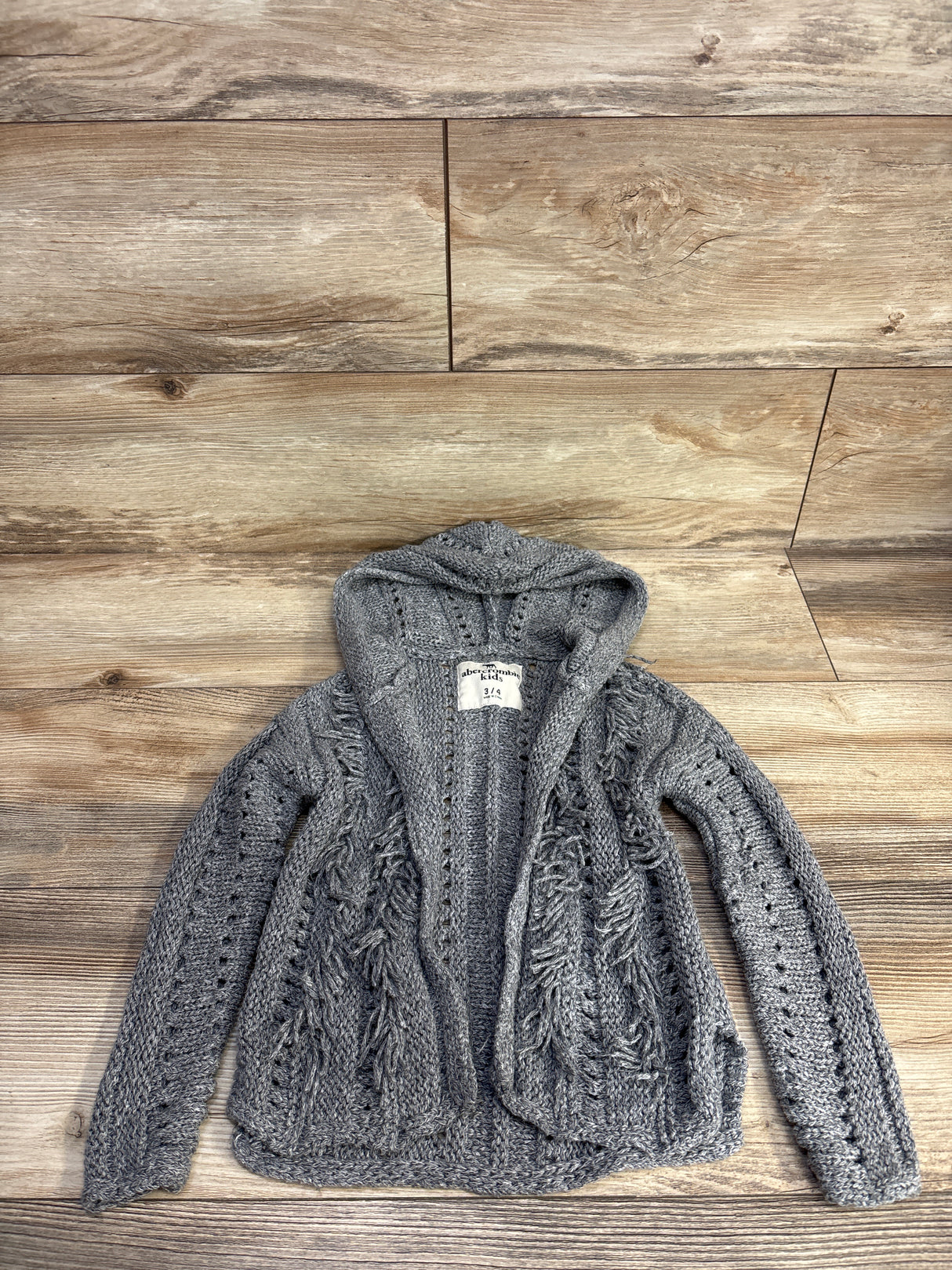 Abercrombie Open Front Fringe Hooded Cardigan Grey sz 3/4
