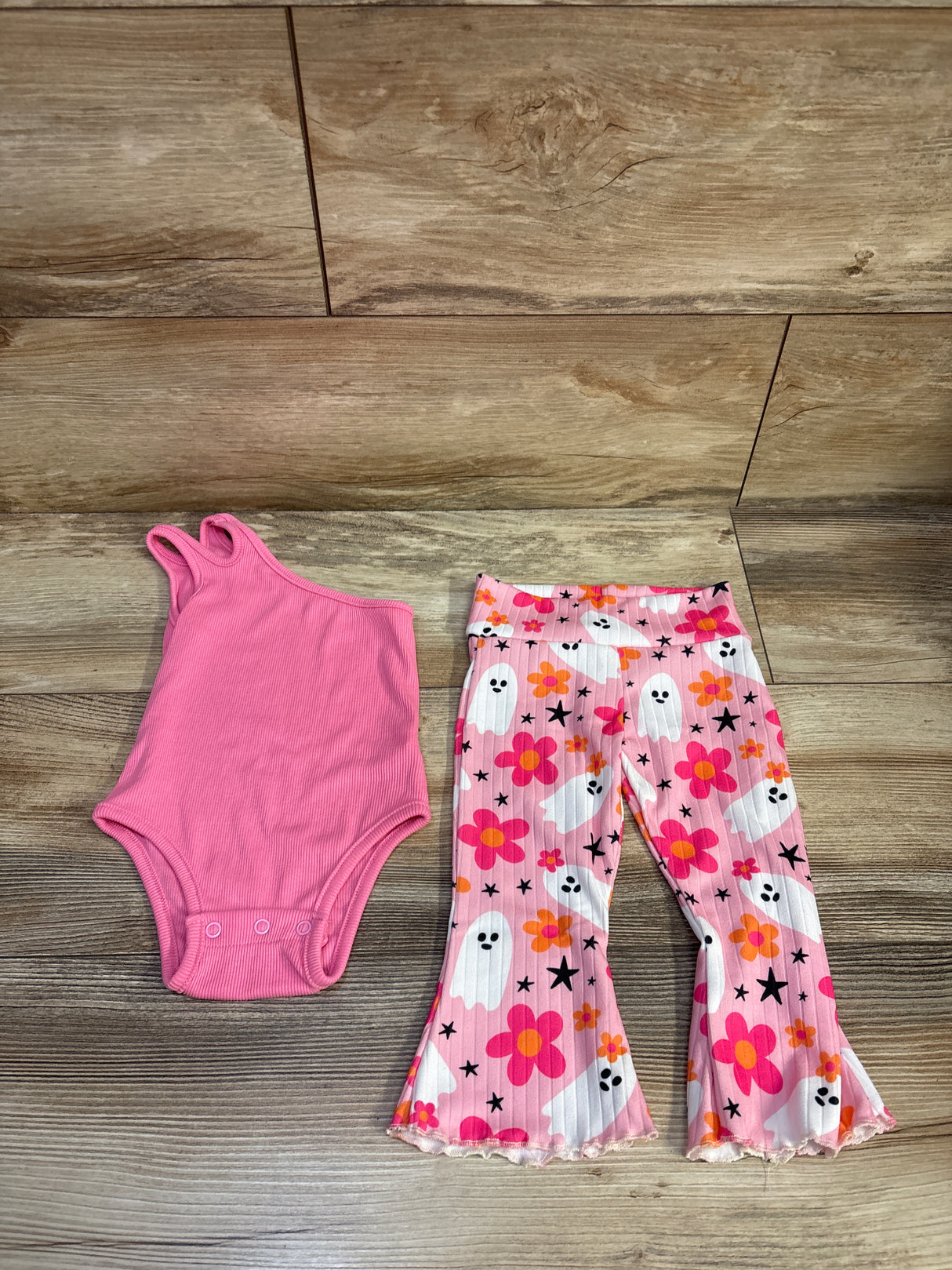 Shein 2pc Ribbed One Shoulder Bodysuit & Ghost Pants Set Pink sz 9-12m