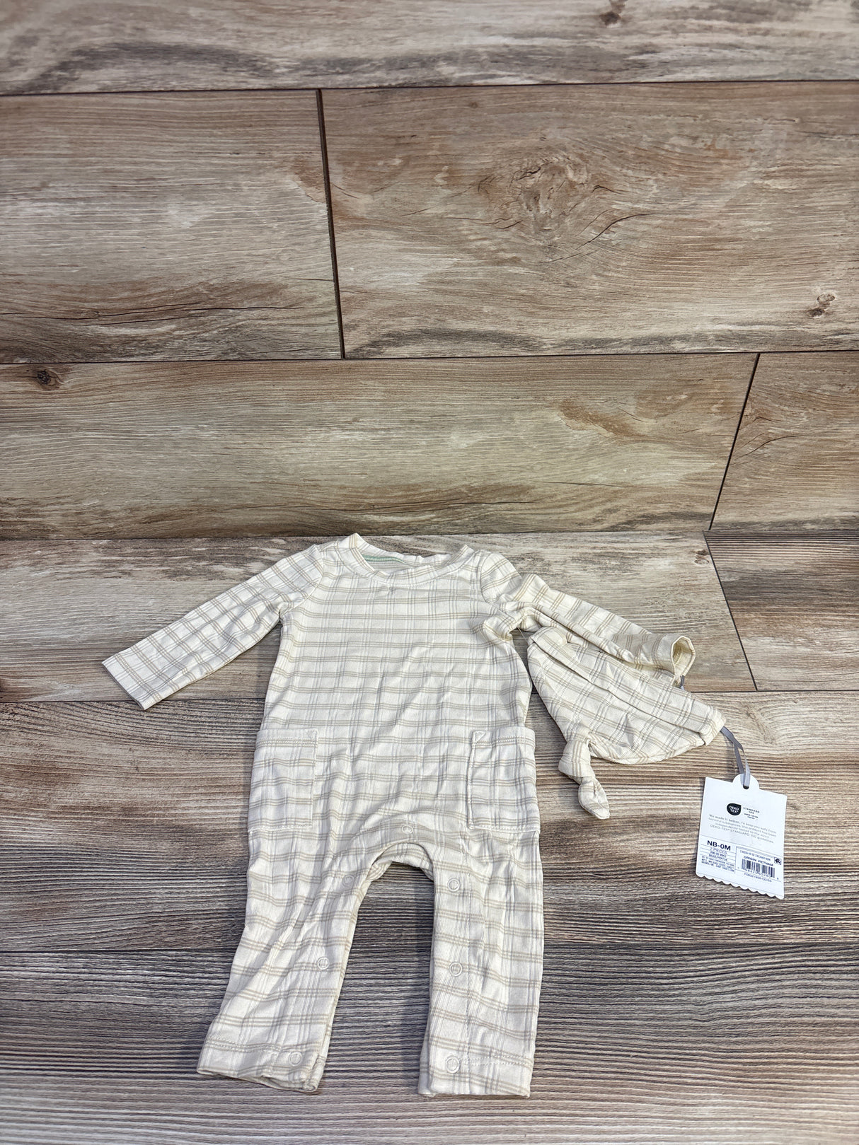 NEW Cloud Island 2Pc Jacquard Checkered Romper & Hat Beige sz Newborn