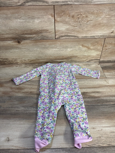 Front view of Child Of Mine purple floral sleeper, 6-9 months, showing full-length zipper and mittens on white background