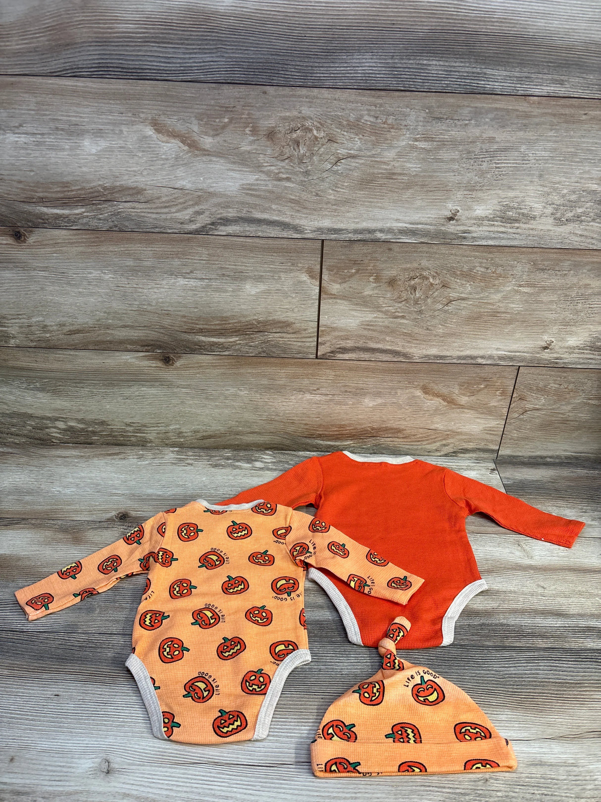 Life Is Good 3pc Waffle Knit Pumpkin Bodysuit Set Orange sz 3-6m