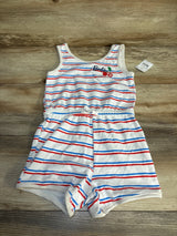 White toddler romper with red and blue stripes, cherry graphic, Barbie logo, wood background