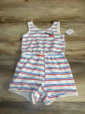 White toddler romper with red and blue stripes, cherry graphic, Barbie logo, wood background