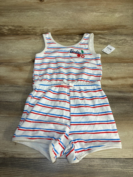 White toddler romper with red and blue stripes, cherry graphic, Barbie logo, wood background