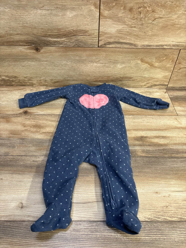 Front view of Carter’s blue blanket sleeper with white dot pattern, pink chest detail, long sleeves, footed legs, and front zipper