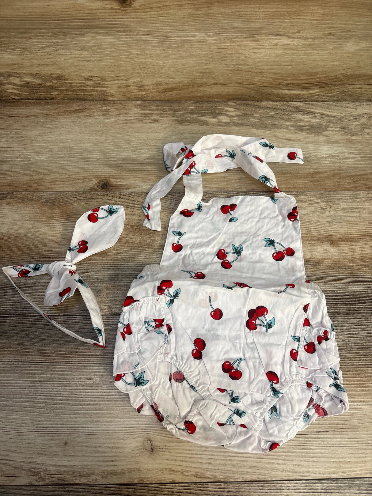 2pc Cherry Print Ruffle Romper + Headwrap White sz 18-24m