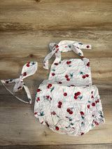 2pc Cherry Print Ruffle Romper + Headwrap White sz 18-24m