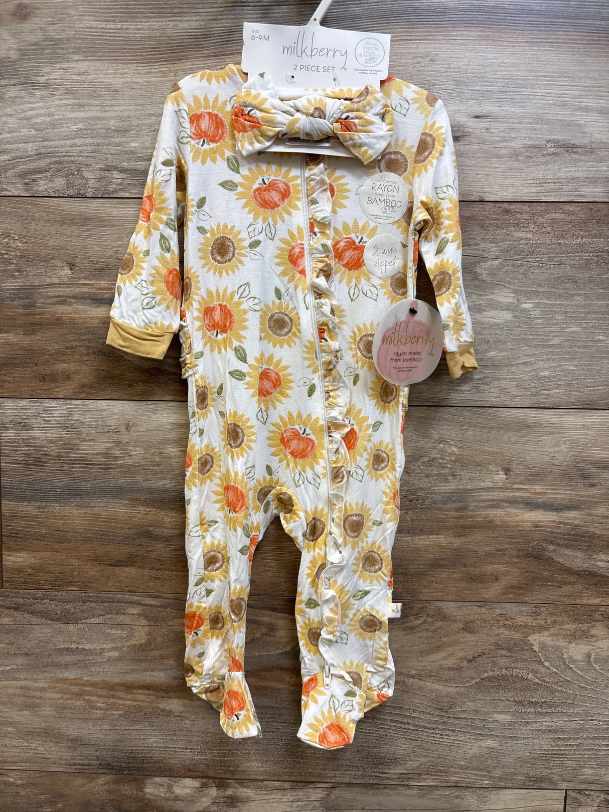 NEW Milkberry 2pc Bamboo Pumpkin Ruffle Footie & Headband Set White sz 6-9m