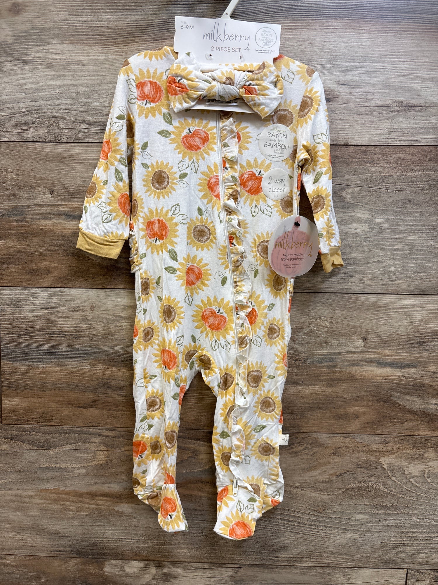 NEW Milkberry 2pc Bamboo Pumpkin Ruffle Footie & Headband Set White sz 6-9m