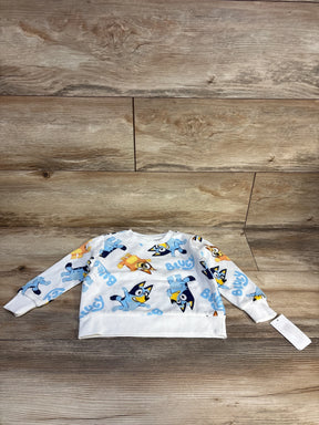 Bluey themed long sleeve toddler sweatshirt with cartoon print on wood background