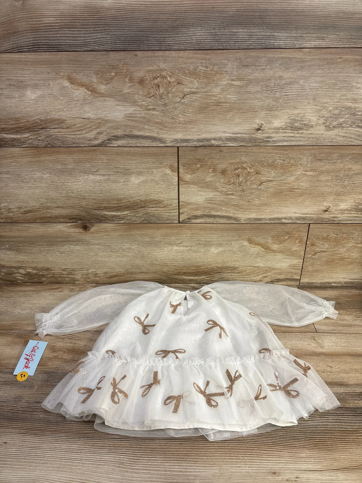 NEW Cat & Jack Long Sleeve Bow Print Tulle Dress White sz 12m